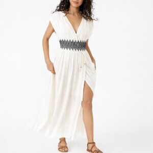 Free People White Maxi Dress V-Neck Button Slit Embroidered Waist